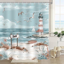Nautical Coastal Shower Curtain for Bathroom, Ocean Beach Lighthouse Seasides Sailboat Bathroom Curtains 72X72 Inch, Blue Teal Polyester Fabric Waterproof Shower Curtain with 12 Hooks