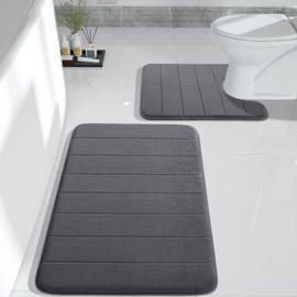 Yimobra Memory Foam Bath Mat Set, 2 Piece Soft Bathroom Rugs, 31.5x19.8 and 24x20.4 U-Shaped Bathroom Rugs, Toilet Mat, Water Absorption, Non Slip, Thick, Dry Fast for Bathroom Floor Mats, Dark Gray