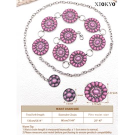 Xiokyo Boho Turquoise Concho Belt Silver Metal Western Turquoise Belts Waist Chain Belt for Women Dress (Pink)