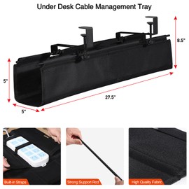 MAXECHO Under Desk Cable Management Tray 27.5" - Clamp on Wire and Cable Organizer for Storage and to Hide Cords - Ideal for Home Office - Premium Black Fabric Design