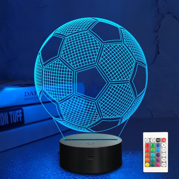 Lampeez Soccer Night Lights for Kids, 3D Illusion Football Lights 16 LED Remote Color Changing Touch Table Desk Lamps Decor Birthday Xmas Gifts Sports Theme Fans