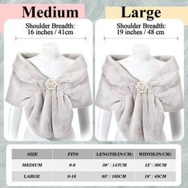 Geyoga Faux Fur Shawl Wrap Stole Shrug Winter Bridal Wedding Scarf Wrap with Faux Pearl Rhinestone Brooches for Women 1920s (Silvery Gray, Medium, Short Hair)