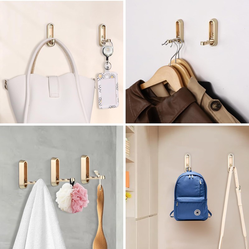 Dntorx Folding Wall Hooks, 4 Pcs Foldable Gold Coat Hooks