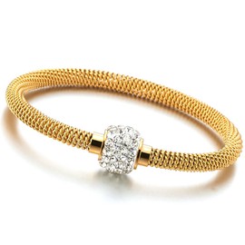COOLSTEELANDBEYOND Gold Color Stainless Steel Cable Bangle Bracelet with Cubic Zirconia Charm and Magnetic Clasp（CA）