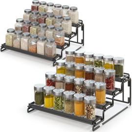 LUHENPING 4 Tier Spice Rack Organizer for Cabinet - Black (2 Pack) | Spice Holder Shelf with Protection Railing for Inside Cabinets, Countertop, Pantry Storage & Seasoning Organization
