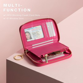 Vulkitty Wallet Women Zipper Bifold Small Leather Card Holder Wallet RFID Blocking with ID Window and Coin Pocket Rose Red