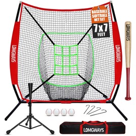 7'x7' Portable Baseball Net Set - Batting, Hitting & Pitching Practice Net with Tee, Bat, Balls, Strike Zone, Carrying Bag, for All Skills