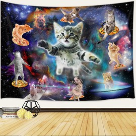 Tapiz de gato para colgar en la pared, divertido gatitos, cielo estrellado, nebulosa, galaxia, tapiz de la vía láctea, espacio psicodélico, hippie, para colgar en la pared, decoración del hogar, recámara, sala de estar, recámara, manta de pared, 71 x 60 
