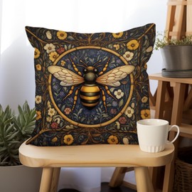 SUNFYCN William Morris Abstract Vintage Floral Bee Design Throw Pillow Cover Home Decor, Art Deco Pillowcase Cushion Cover for Bed Sofa Living Room, Square Pillowcase 18x18inch (1, Brown-Bee)