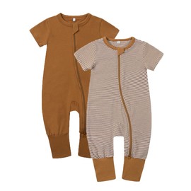 Feidoog Toddler 2 Pack Baby Zipper Rompers Cotton Short Sleeve 2 Way Zipper One Piece Jumpsuit Outfits,Brown,12-18M