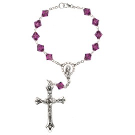Amethyst Purple Austrian Crystal One Decade Catholic Prayer AUTO Rosary (February) - CLASP for hanging- Includes Holy Card & Birth month meaning - Communion, Confirmation, RCIA, Birthday, Easter more