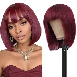 Datanala 99j Bob Wig with Bangs Straight Short Red Bob Wig with Bangs Human Hair 3x1 HD Lace Glueless Wigs Blunt Cut Silk Bob Wig Wear and Go 180% Density Bob Wig with Bangs Realistic Look Natural Color for Women (99j Bob Wig with Bangs 10Inch)