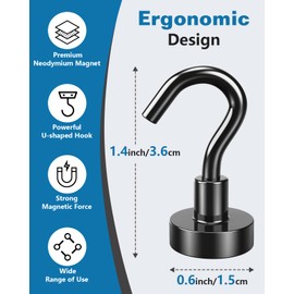 Lictin Magnetic Hooks, Pack of 10 Neodymium Magnets, Extra Strong, 10 kg Strong Magnets Hooks, Black, Workshop Furnishings, Kitchen Gadgets, Magnetic Hooks, Removable, Neodymium Magnets, Camping