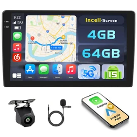 [4+64G] Hikity Android 15 Carplay Stereo Double Din, 9'' in-Cell Touch Screen Radio Wireless Carplay Android Auto 5G WiFi Car Stereo Bluetooth 5.0 Mirror Link GPS SWC FM/RDS/EQ, AHD Backup Camera+Mic