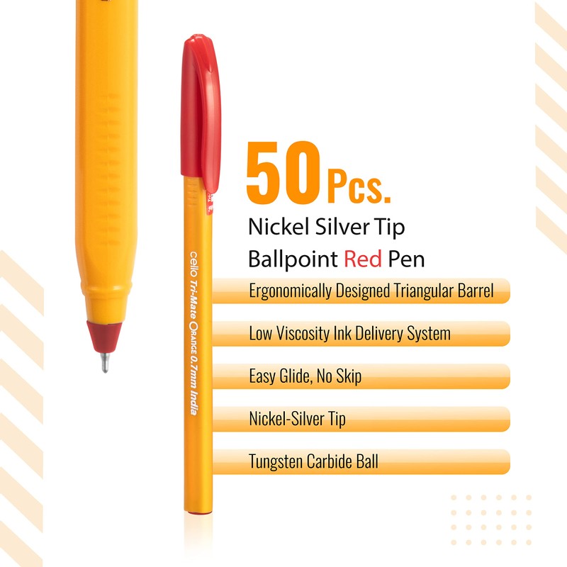 Cello Tri-Mate Orange Ballpoint Pens Medium Point Biro (Red, Pack