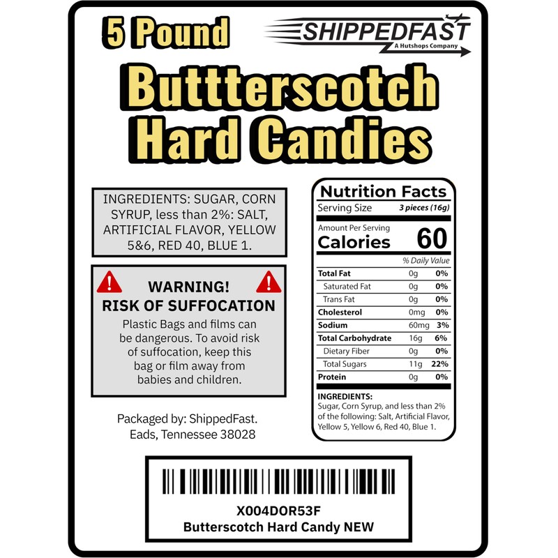 Butterscotch Hard Candies. (5 Pound Bag) of Individually Wrapped and