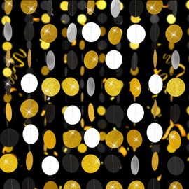 Syhood 10 Pieces 131 ft Circle Dots Garlands Glitter Paper Garland Hanging Streamer Backdrop Decor for Birthday Party Decorations Baby Shower Wedding Anniversary Supplies(Black Gold and Silver)