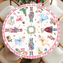Nutcracker Round Christmas Tablecloth Pink Round Fitted Tablecloth with Elastic Waterproof Christmas Table Decorations Cover for Patio Holiday Party Fits to 48"-52" Round Table (Pink, 52" (Round))