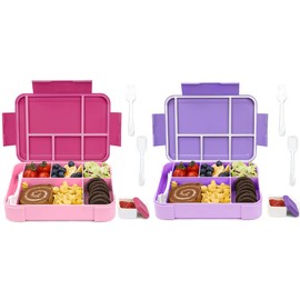 Bugucat Children's Lunch Box with Compartments, 1330 ml, Set of 2, Lunch Box Children's Bento Box, Leak-Proof with 6 Compartments, Cutlery Set, Lunch Box for Girls, Lunch Box for Adults, Pink Purple