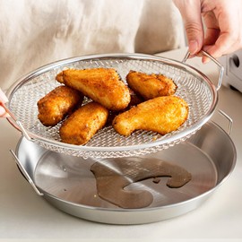 Stainless Steel Oil Filter Tray with Mesh Basket and Colander for Cooking (primary color, Diameter 10.2in)