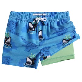 maamgic Boys Swim Trunks with Compression Liner Toddler Boy Swimsuit Quick Dry 4-Way Stretch Swimming Trunks Swim Ring Shark Blue 14-16 Years