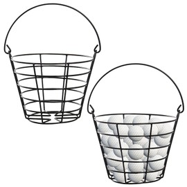 SINJEUN 2 Pack Metal Golf Ball Basket with Handle, Golf Ball Bucket, Golfball Container, Holds 50 Balls, Black