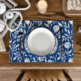 Artoid Mode Blue Pumpkins Fall Placemats Set of 4, 12x18 Inch Thanksgiving Vintage Table Mats for Dining Party Decoration