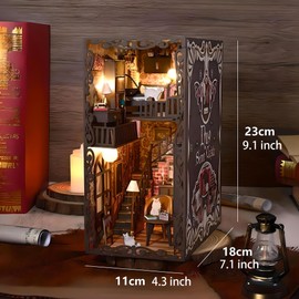 MUSEGDN DIY Miniature Book Nook Kit with LED Lights – 3D Wooden Puzzle Dollhouse Book Nook Bookshelf Insert, Perfect Home Decor Craft Kit for Adults & Teens, Creative Bookends for Reading Nooks