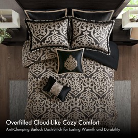 Madison Park King Comforter Set Damask Medallion Jacquard Comforter, Overfilled All Season Bed Set, Bed Skirt, Shams, Decor Pillows, Odette, King(104 in x 92 in), Black 8 Piece
