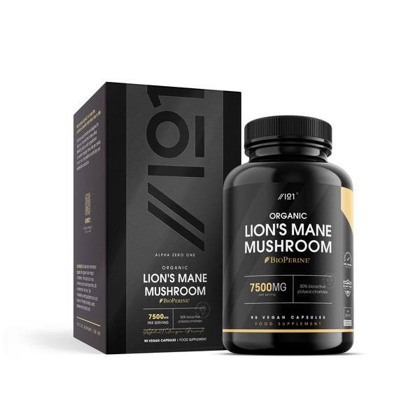 Organic Lion's Mane Mushroom 7500mg | 50% Polysaccharides | Made with BioPerine® | High Strength Hericium Erinaceus Extract | Non-GMO, Gluten Free, Halal, 90 Vegan Capsules