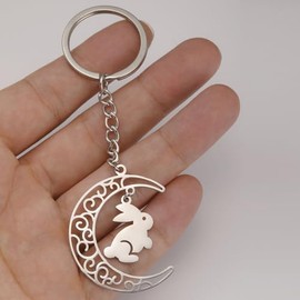 Llavero de conejo de acero inoxidable para mujer, diseño de conejo, diseño de luna de Pascua, regalo de festival