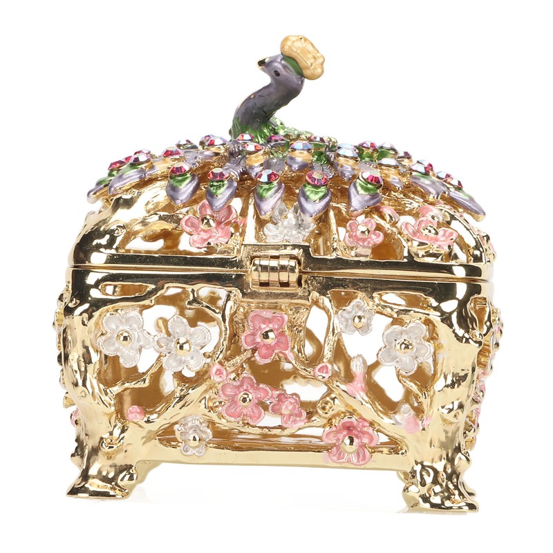 Peacock Trinket Boxes Hand Painted Finish Exquisite Beautiful Rhinestones Hinged