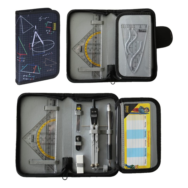 Idena 20066 Compass in Case, 11 Pieces, with Protractor, Ruler,