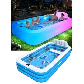 Extra Large Inflatable Pool with Lights,Upgraded Solar Powered Blow Up Pool for Adults,Inflatable Kids Swimming Pool with Seat& Backrest,Big Inflatable Kids Pool for Backyard,120x73x20IN