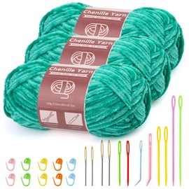Benlay 3 x 100g (3 x 80m) Chenille Yarn, Velvet Yarn for Knitting and Crochet with Large Eye Needles, Soft Chenille Yarn for Clothes, Blankets, Bags, Sweaters, DIY Knitting Projects (Jade Green)