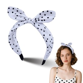 Yreamont 50s Costume Retro Hair Accessories for Women's Hair Non Slip Knotted Bow Headband for Women White Boho Headbands Polka Dot Head Bands for Women Girls 50s Accessories with Bowknot