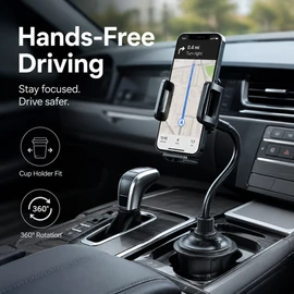 Car Cup Holder Phone Mount for Hands-Free Viewing – Adjustable 360° Rotating Stand for Smartphones & Daily Driving
