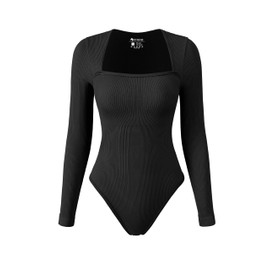 OQQ Women's Bodysuits Sexy Ribbed Square Neck Long Sleeve Tummy Control Casual Fall Bodysuits Black