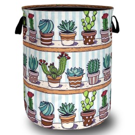 Cute Cactus Laundry Basket Tropical Cactus Flower Hamper Foldable Oxford Cloth Green Plants Colorful Tote Bag Clothes Toy Storage Bucket For Bathroom/Laundry Storage/Bedroom 18.9 x 16.5 Inch