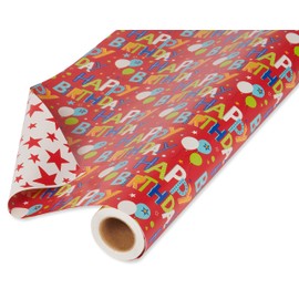 American Greetings 175 sq. ft. Reversible Wrapping Paper, for Birthdays, Happy Birthday Lettering and Stars (1 Jumbo Roll, 30 in. x 70 ft.)