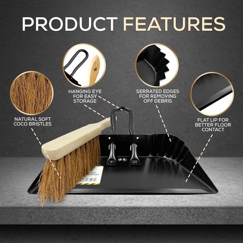 Metal Dustpan and Brush Set Featuring Flat Lip for Better