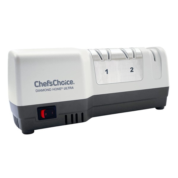 Chef’sChoice G203 Hybrid Knife Sharpeners uses Diamond Abrasives and Combines Electric and Manual Sharpening for 20-Degree Straight and Serrated Knives, 3-Stage, White (SHG203GY11)