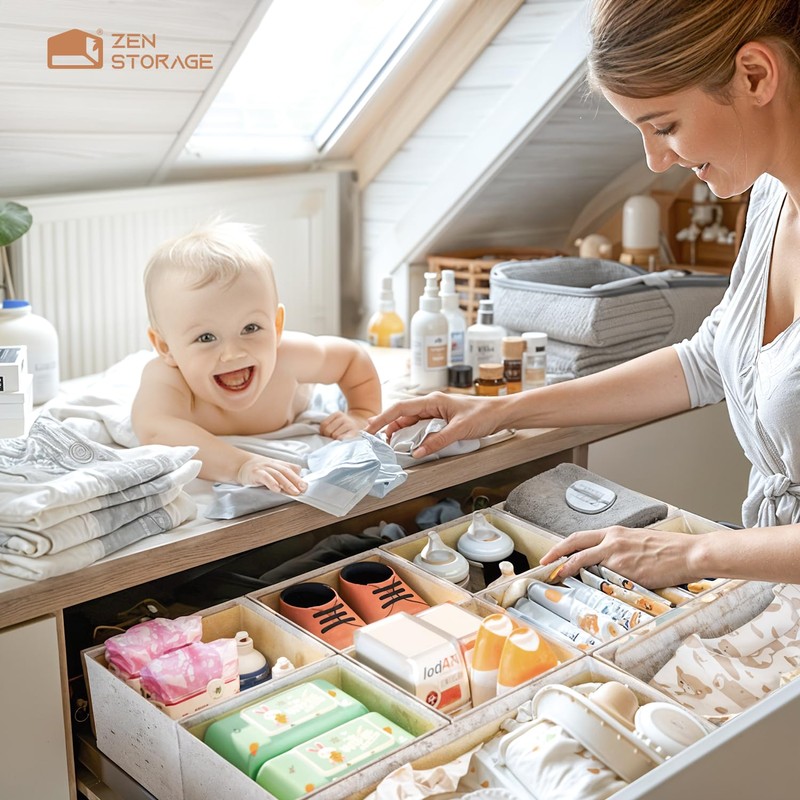 ZenStorage 12 Pack Linen Nursery Drawer Organizer for Baby Clothes,