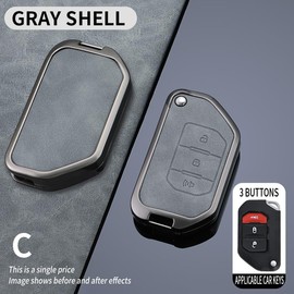 SANRILY Gray Metal Leather 3 Button Flip Key Fob Cover Compatible with Wrangler JL JLU Gladiator JT Rubicon Sahara JLU 2018-2022 Keyless Key Holder with Keychain C