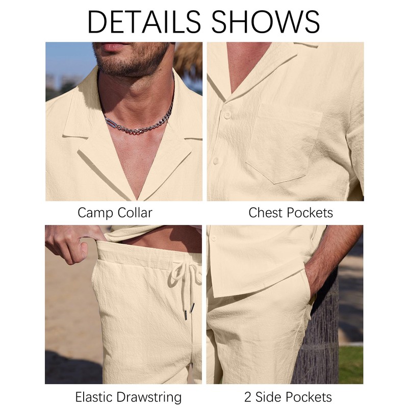YAOHUOLE Mens Beach Clothes Linen Sets Men Outfits 2 Piece