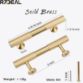 RZDEAL 2pcs Solid Brass Gold Cabinet Pulls, 3-Inch Hole Centers for Kitchen Cupboard Handles Modern Drawer Dresser Pulls Bathroom Brushed Brass Cabinet Pulls Wardrobe Door Handles
