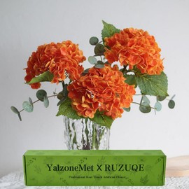 YalzoneMet 3 Pcs Real Touch Orange Hydrangea Artificial Flowers,21'' Lifelike Faux Latex Hydrangea, Fake Flower for Home Fall Decoration Table Centerpiece