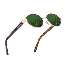 KINGSEVEN Retro Sunglasses for Men Women Aluminum Magnesium Frame UV400 Protection Sun Glasses7589 (Golden/Green G15)