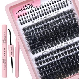 MIKIWI Lash Clusters Kit with Bottom Lashes Fluffy Cluster Eyelash Extensions with Bond and Seal Lash Applicators Wispy 9-16mm D Curl Volume Cluster Lashes with Bottom Eyelash Clusters(U02+100D+120D)
