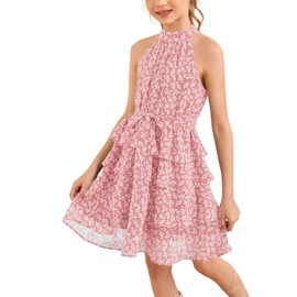 Imily Bela Girls Floral Ruffle Dress Halter Neck Kids Chiffon Summer Party Dress with Belt Pink
